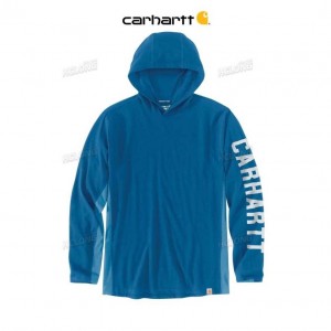 Carhartt Force Relaxed Fit Midweight Long-Sleeve Logo Tryck Hooded T-Shirt Blå | SE0001232