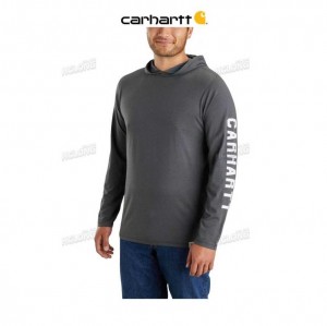 Carhartt Force Relaxed Fit Midweight Long-Sleeve Logo Tryck Hooded T-Shirt Carbon Heather | SE0001235