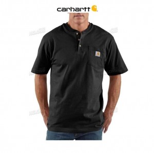 Carhartt Loose Fit Heavyweight Korta-Sleeve Pocket Henley T-Shirt Svarta | SE0001299