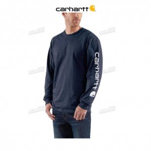 Carhartt Loose Fit Heavyweight Long-Sleeve Logo Sleeve Tryck T-Shirt Marinblå | SE0001284