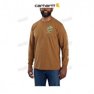 Carhartt Relaxed Fit Heavyweight Long-Sleeve Camo Logo Tryck T-Shirt Oiled Walnut Heather | SE0001237