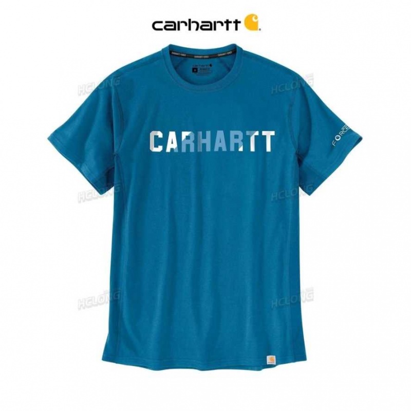 Carhartt Force Relaxed Fit Midweight Korta-Sleeve Block Logo Tryck T-Shirt Blå | SE0001202