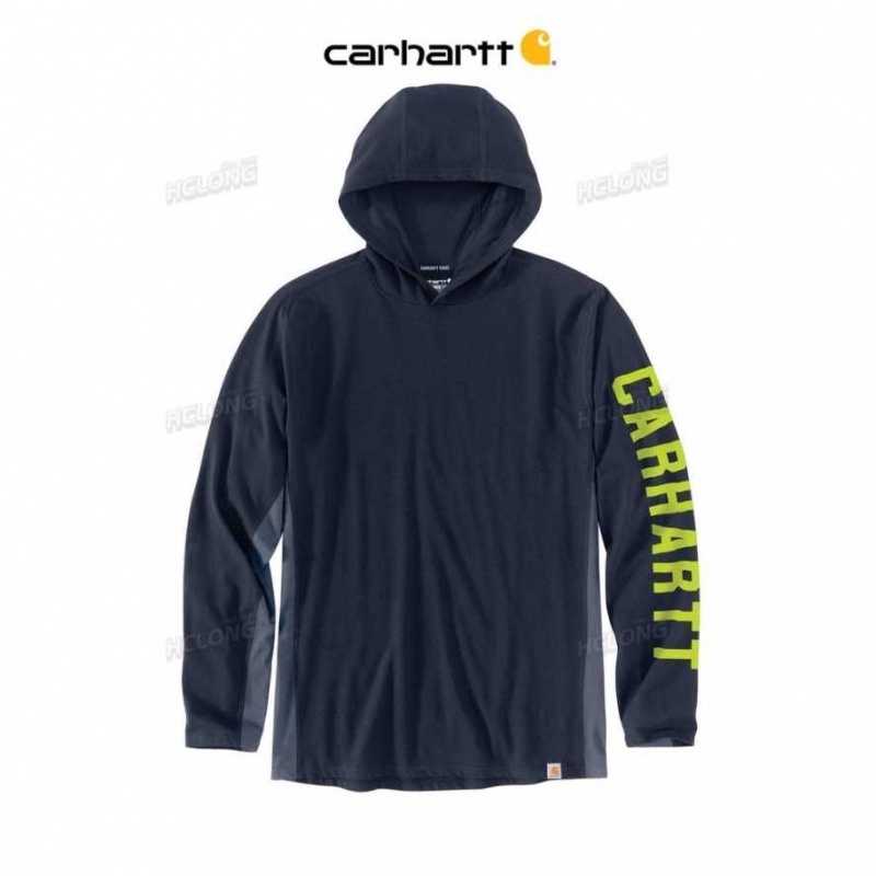 Carhartt Force Relaxed Fit Midweight Long-Sleeve Logo Tryck Hooded T-Shirt Marinblå | SE0001234