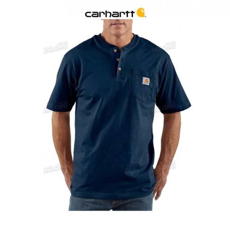 Carhartt Loose Fit Heavyweight Korta-Sleeve Pocket Henley T-Shirt Marinblå | SE0001301