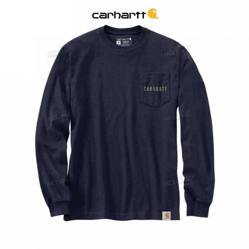 Carhartt Loose Fit Heavyweight Long-Sleeve Pocket Tough Tryck T-Shirt Marinblå | SE0001223