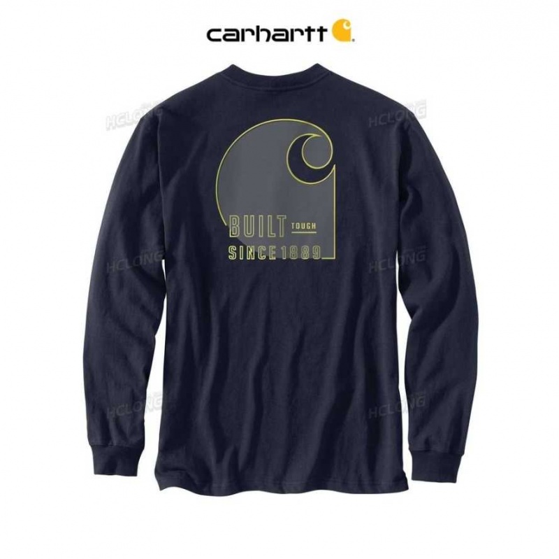 Carhartt Loose Fit Heavyweight Long-Sleeve Pocket Tough Tryck T-Shirt Marinblå | SE0001223