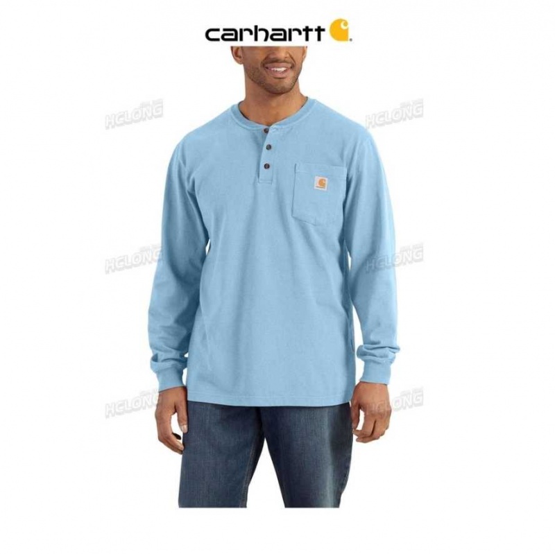 Carhartt Loose Fit Heavyweight Long-Sleeve Pocket Henley T-Shirt Blå | SE0001266