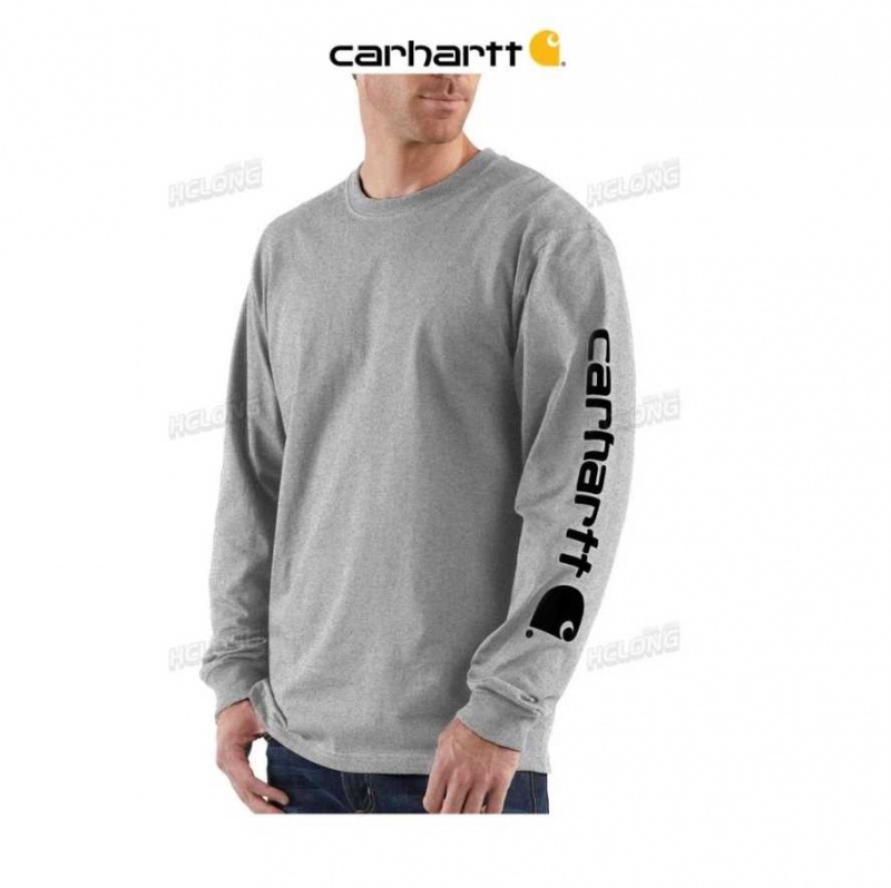 Carhartt Loose Fit Heavyweight Long-Sleeve Logo Sleeve Tryck T-Shirt Heather Gray | SE0001283