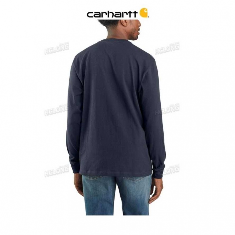 Carhartt Loose Fit Heavyweight Long-Sleeve Logo Sleeve Tryck T-Shirt Marinblå | SE0001284