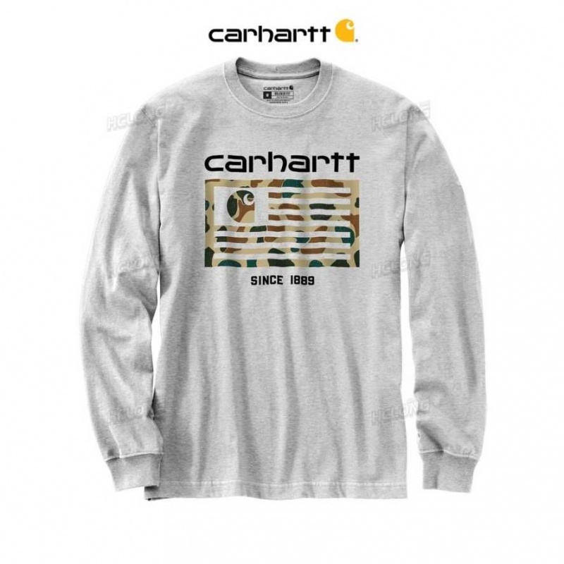 Carhartt Relaxed Fit Midweight Long-Sleeve Camo Flag Tryck T-Shirt Heather Gray | SE0001224