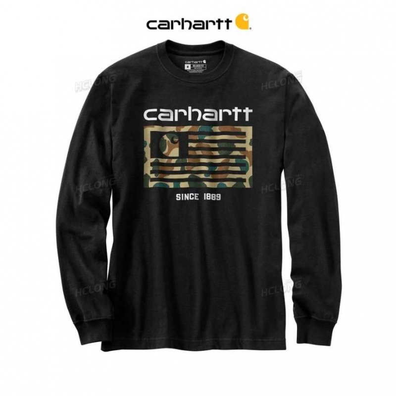 Carhartt Relaxed Fit Midweight Long-Sleeve Camo Flag Tryck T-Shirt Svarta | SE0001225