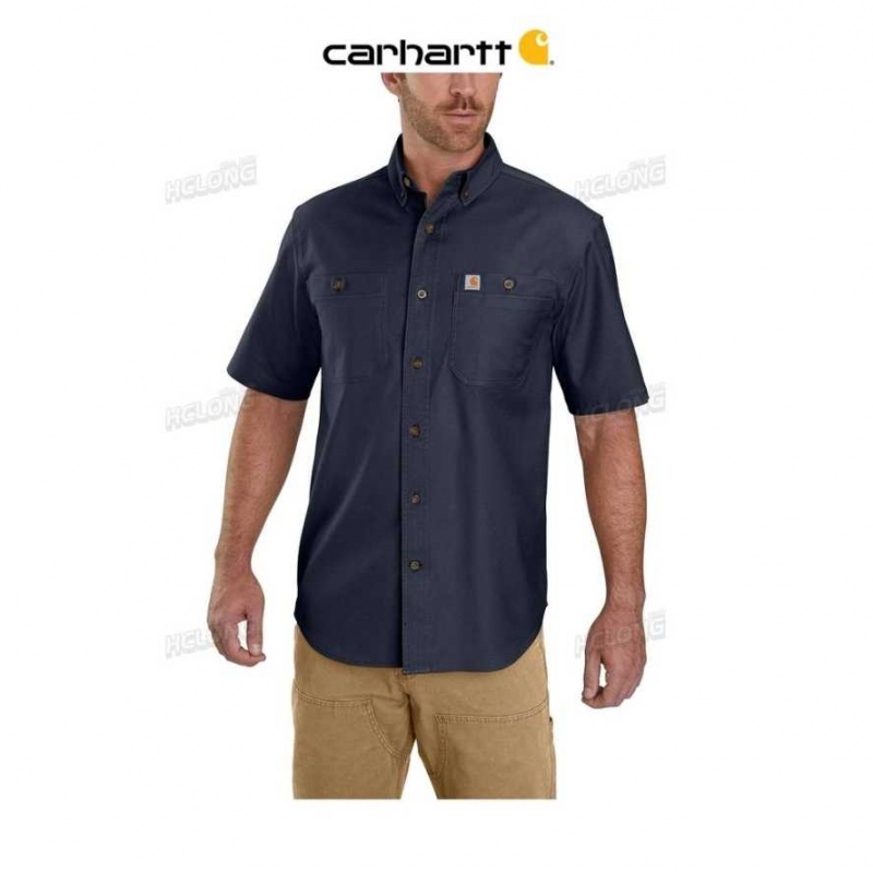 Carhartt Rugged Flex Relaxed Fit Midweight Canvas Korta-Sleeve Shirt Marinblå | SE0001137