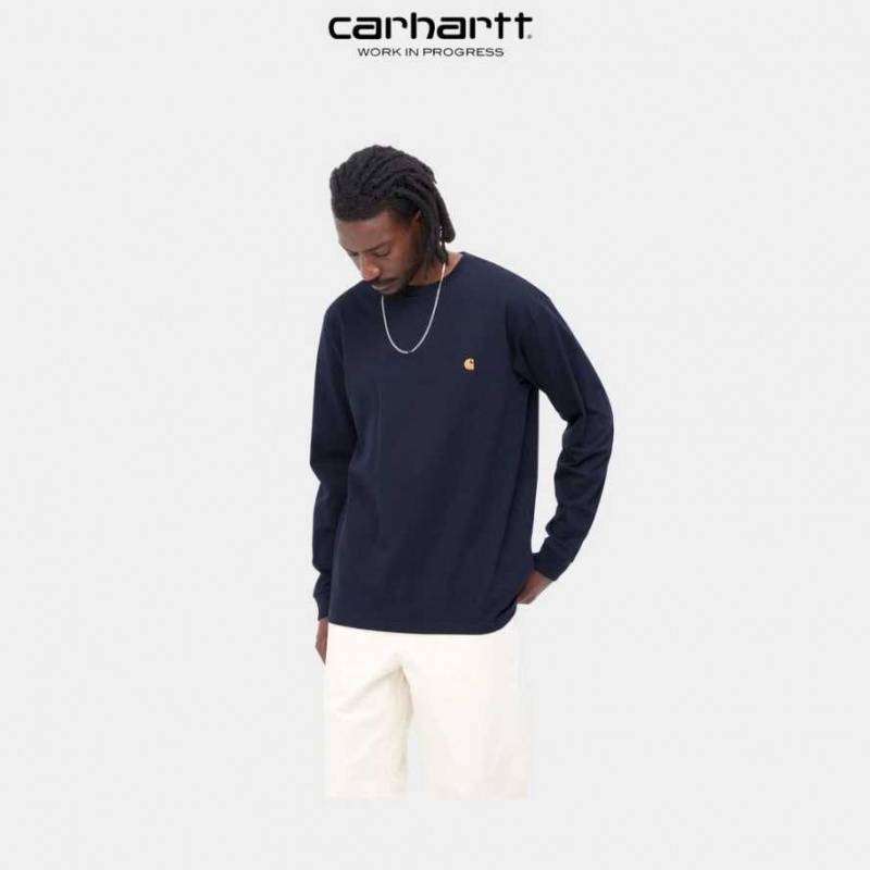 Carhartt Wip Chase Long Sleeve T-Shirt Mörkmarinblå | SE0000862