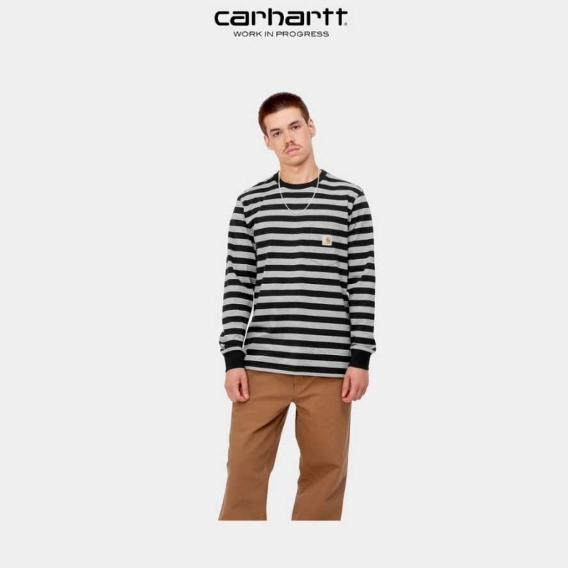 Carhartt Wip Merrick Stripe Long Sleeve Pocket T-Shirt Svarta Grå | SE0000977