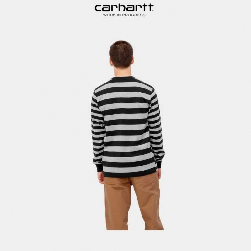 Carhartt Wip Merrick Stripe Long Sleeve Pocket T-Shirt Svarta Grå | SE0000977