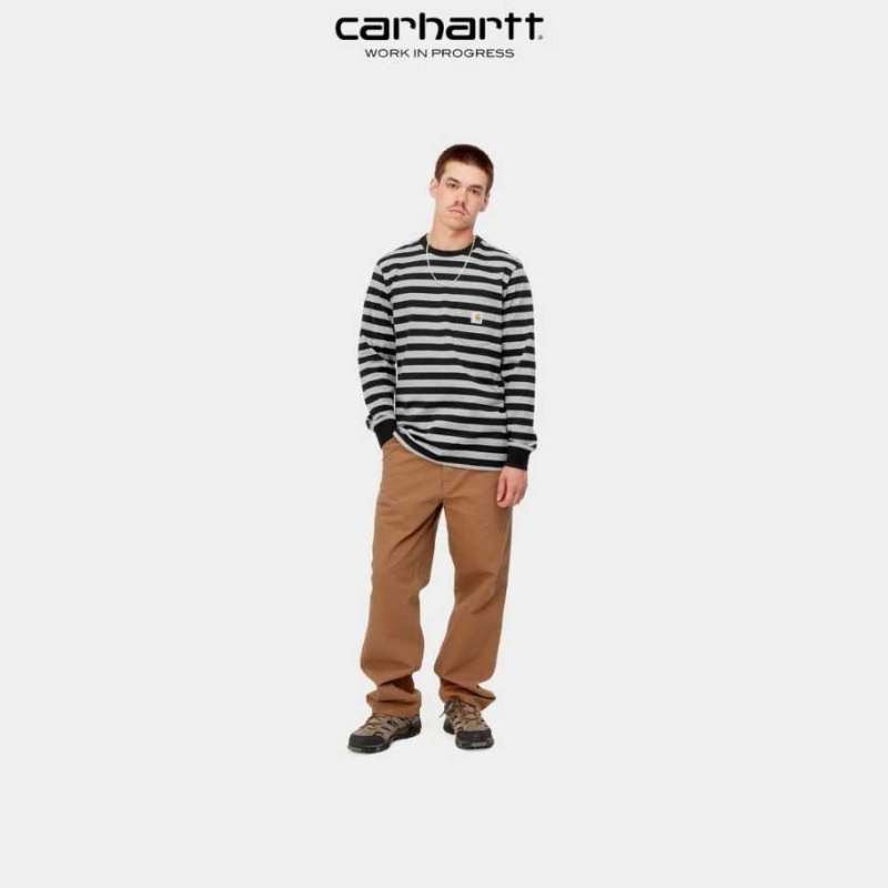 Carhartt Wip Merrick Stripe Long Sleeve Pocket T-Shirt Svarta Grå | SE0000977