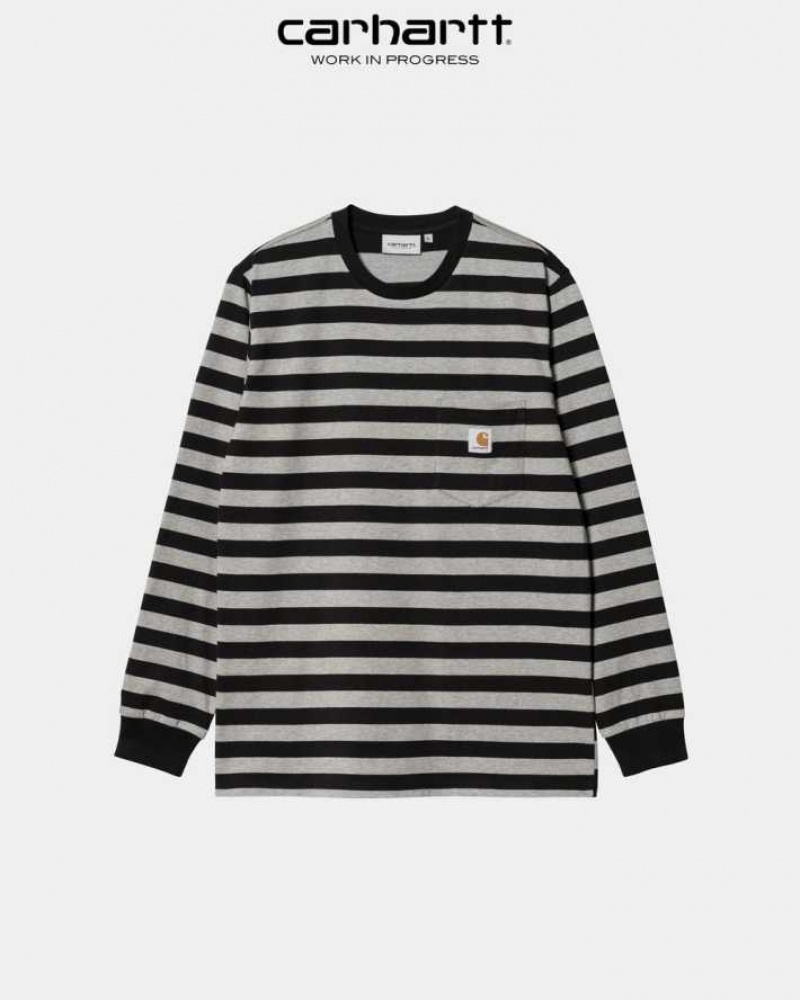 Carhartt Wip Merrick Stripe Long Sleeve Pocket T-Shirt Svarta Grå | SE0000977