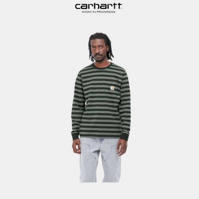 Carhartt Wip Merrick Stripe Long Sleeve Pocket T-Shirt Mörk | SE0000978