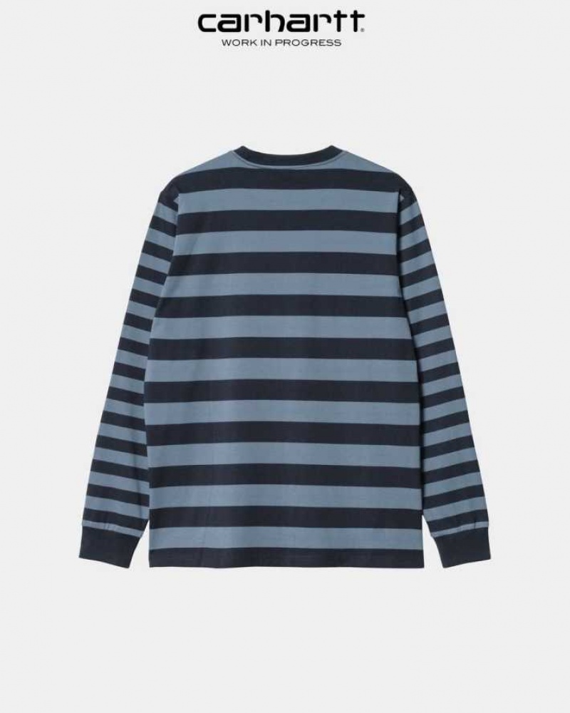 Carhartt Wip Merrick Stripe Long Sleeve Pocket T-Shirt Mörkmarinblå Blå | SE0000979