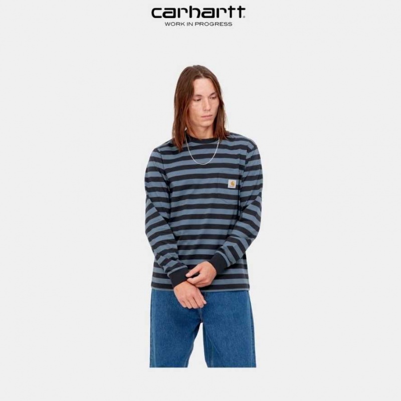 Carhartt Wip Merrick Stripe Long Sleeve Pocket T-Shirt Mörkmarinblå Blå | SE0000979