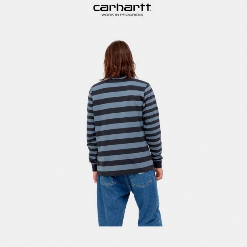 Carhartt Wip Merrick Stripe Long Sleeve Pocket T-Shirt Mörkmarinblå Blå | SE0000979