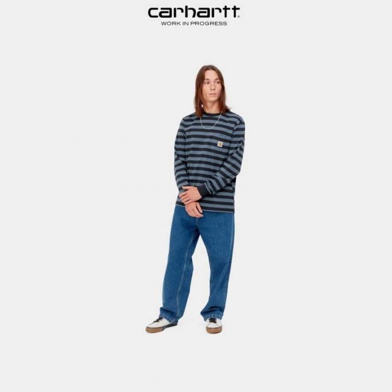 Carhartt Wip Merrick Stripe Long Sleeve Pocket T-Shirt Mörkmarinblå Blå | SE0000979