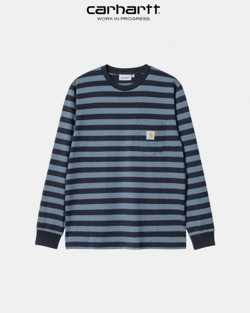 Carhartt Wip Merrick Stripe Long Sleeve Pocket T-Shirt Mörkmarinblå Blå | SE0000979