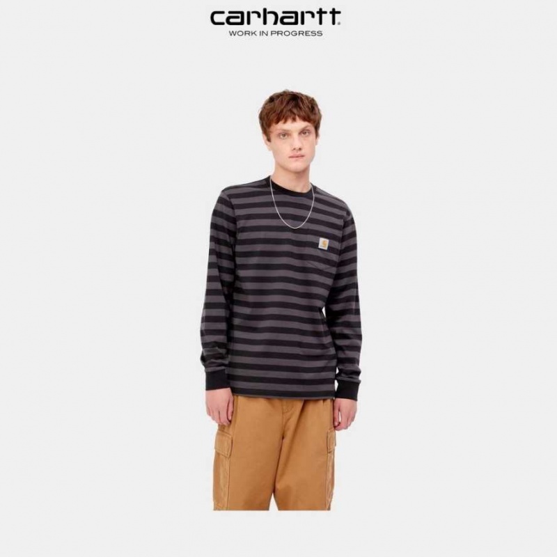 Carhartt Wip Merrick Stripe Long Sleeve Pocket T-Shirt Soot / Artichoke | SE0000980