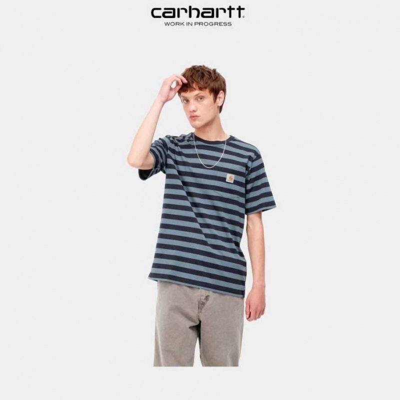 Carhartt Wip Merrick Stripe Pocket T-Shirt Mörkmarinblå Blå | SE0000984