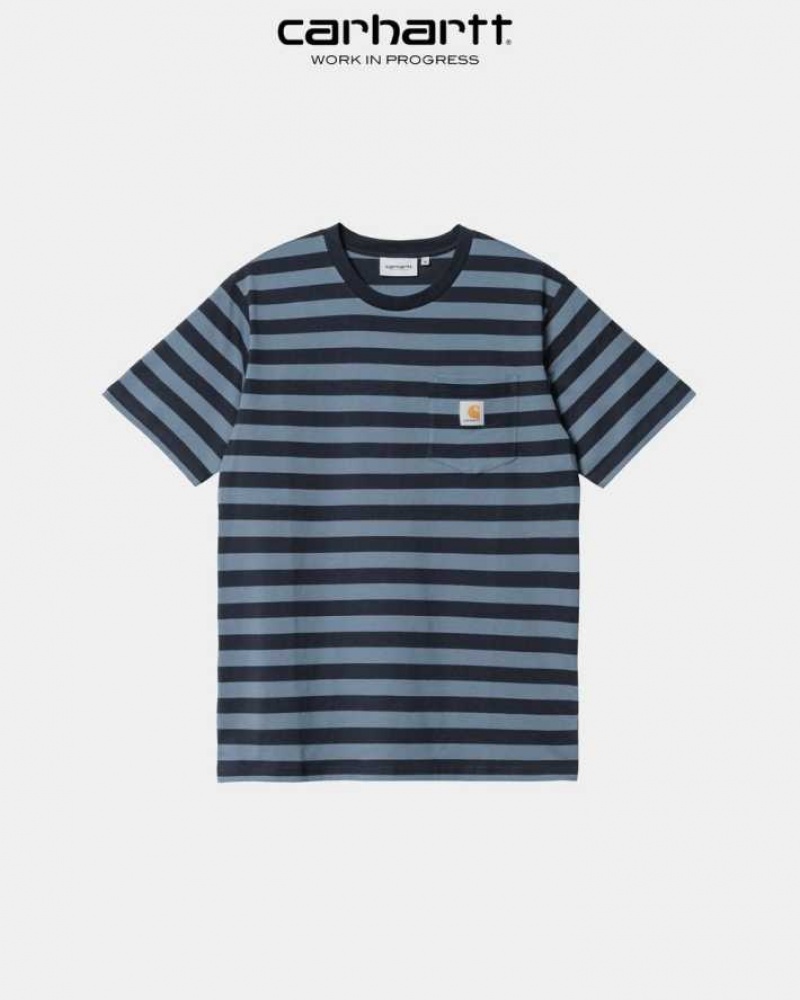 Carhartt Wip Merrick Stripe Pocket T-Shirt Mörkmarinblå Blå | SE0000984